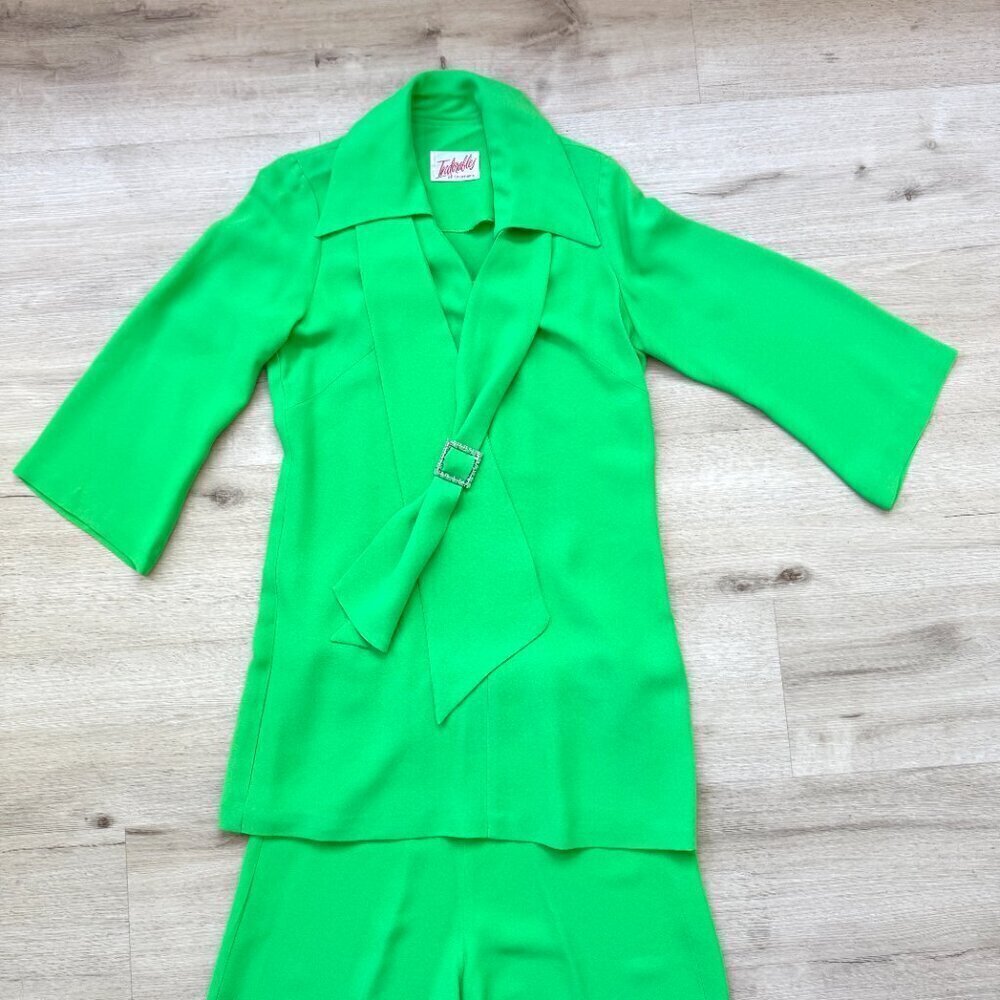 Vintage Indorables of California 60s Pants Suit Set Bright Green Retro Medium - Picture 4 of 14